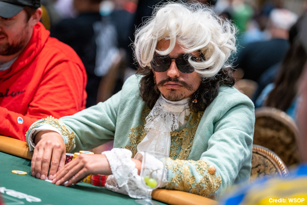 An outlandish player dons a fun costume for Event 50 -- 10k Pot-Limit Omaha Championship